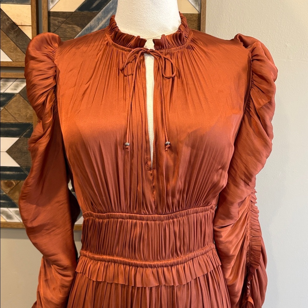 Ulla Johnson Luisa Satin Ruffle Mini Dress in Rust Red size 4 *As-Is* - Picture 3 of 16